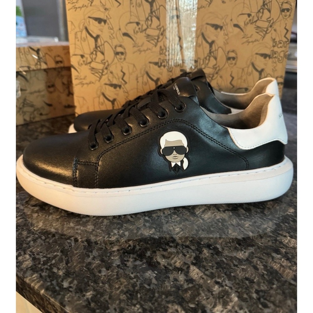 Karl Lagerfeld Paris Mens Leather Sneakers Black White K/Ikonik LF1S1107 11.5